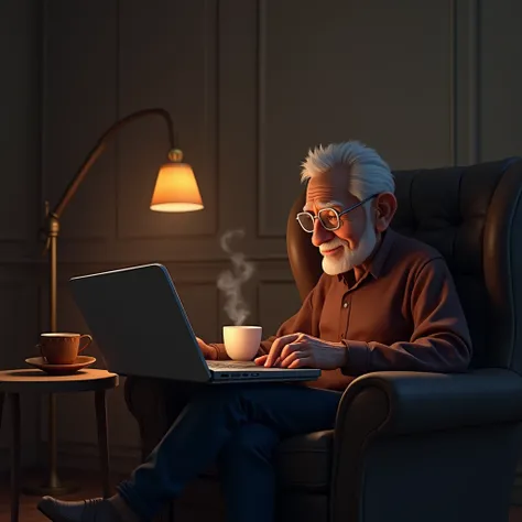  Video of an almost elderly old man sitting in a large armchair in half light,  using a laptop on a small table, Drinking coffee in a steaming cup ,  you have a big dog sitting next to you . 