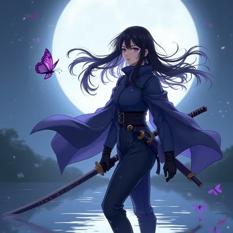  1 girl , Clear water,  Purple Butterfly , Ninja suit， ninja costumes, , Ninja Sword， Full Body，moonlight， Simple Background， masterpiece， exquisite detail ， Mighty Elements， very thoroughly ，Formal Arts，8k Wallpaper ， exquisite detail ，32K，Long hair， blac...