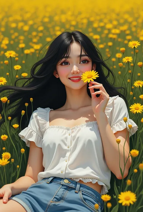 Make a white girl, thin, with black and straight hair, dressed in a white blouse and jeans shorts lying in a field with yellow flowers. The girl is lying in this field, smiling and smelling one of the yellow flowers