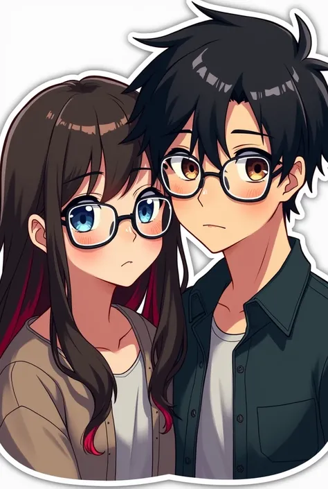 Girl and her boyfriend next to each other in anime style. Girl with dark brown hair and red strands among dark hair. Blue eyes, Hair Long with square glasses. The guy is dark, black hair, big eyebrows and brown eyes, the same glasses. The hair is short but...