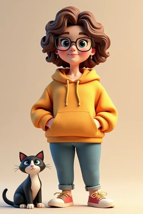 Fat woman, glasses, blue eyes, Brown curly short hair,3d cartoon character, tuxedo cat,  hoodie , jeans