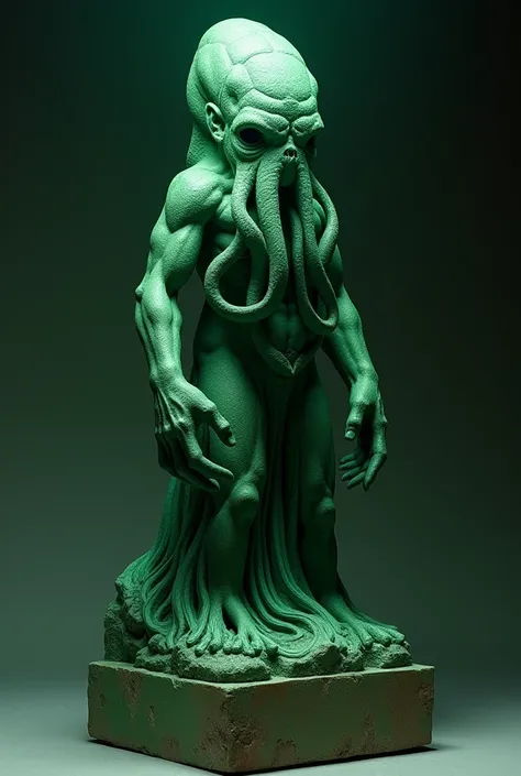  Cthulhu statuette with a malevolent and strange aura  ,  anthropomorphic,  on a rectangular block .  As if it had been sculpted by a strange abyssal being in a tribe lost long ago on the continent of Atlantis a sinister ancient ancient work like a sculptu...