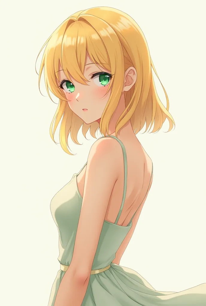 A blonde female anime avatar with very distinguished green eyes in dress