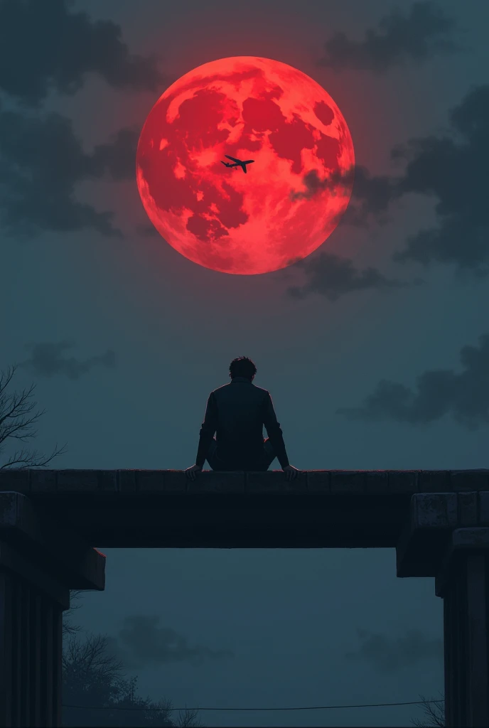  Man sitting on the edge of the bridge with his back and head down at night ,with a red moon and a plane passing far away  