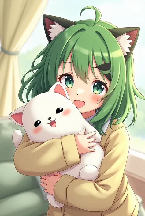 no, It must be anime style ,  green hair with some black locks that holds a cats plush toy in your hand.