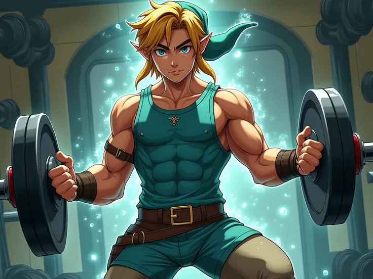 Create a highly detailed digital illustration of Link from The Legend of Zelda, depicted in an anime-inspired muscular style. Link is shown in a gym environment, wearing a fitted workout outfit (a sleeveless top and athletic pants) that emphasizes his tran...