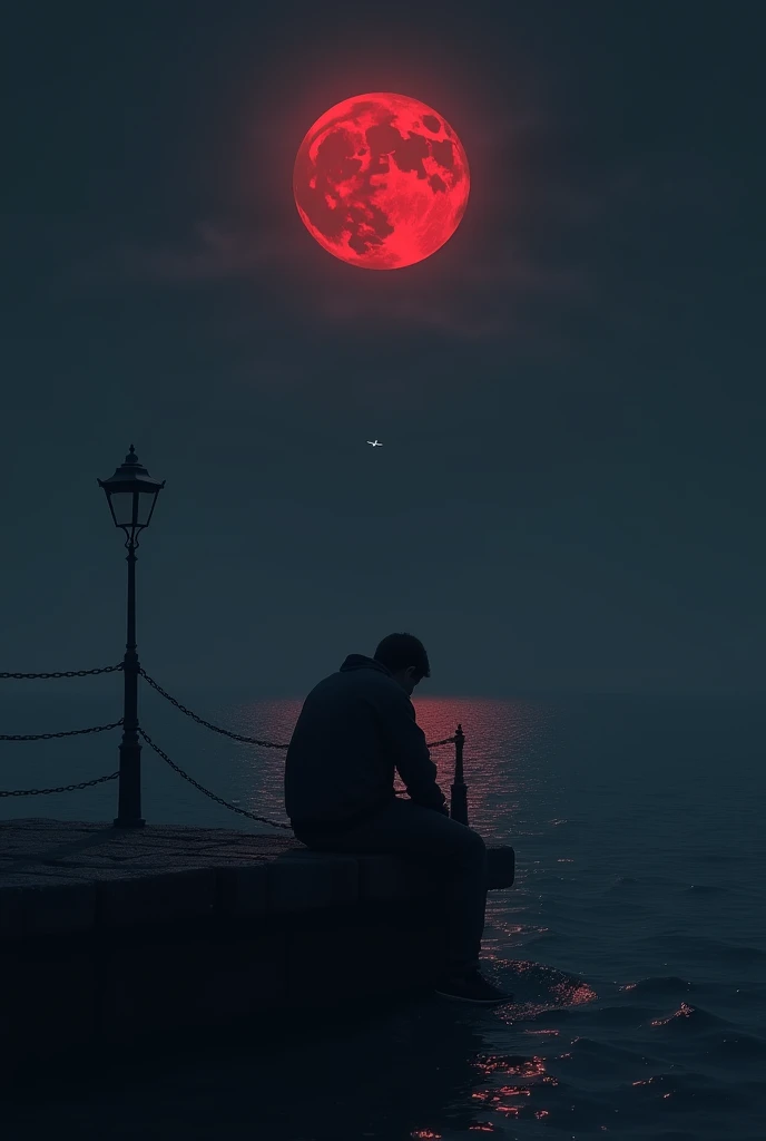 Man sitting on the edge of the bridge with a sea on his back and head down at night ,with a red moon and a plane passing far away  