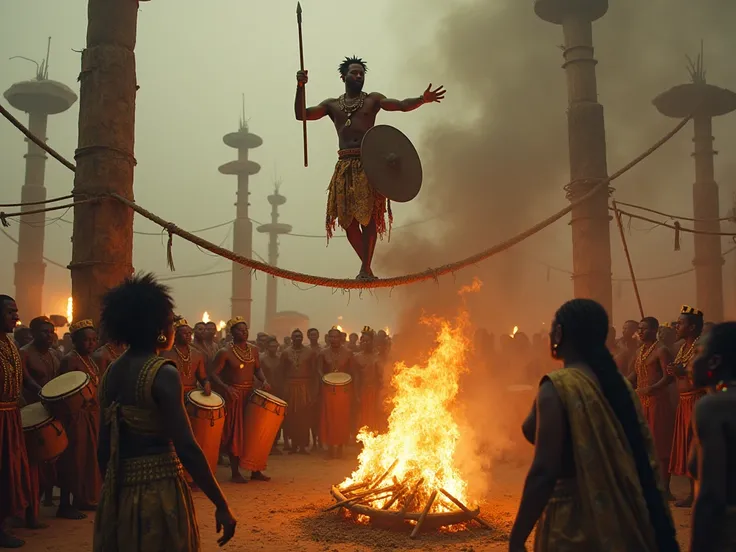 An intense and surreal depiction of a traditional African wedding ritual where the groom faces extreme challenges to win his bride. The scene shows the groom balancing on a high, swaying rope bridge over a symbolic fire pit, holding a ceremonial spear and ...