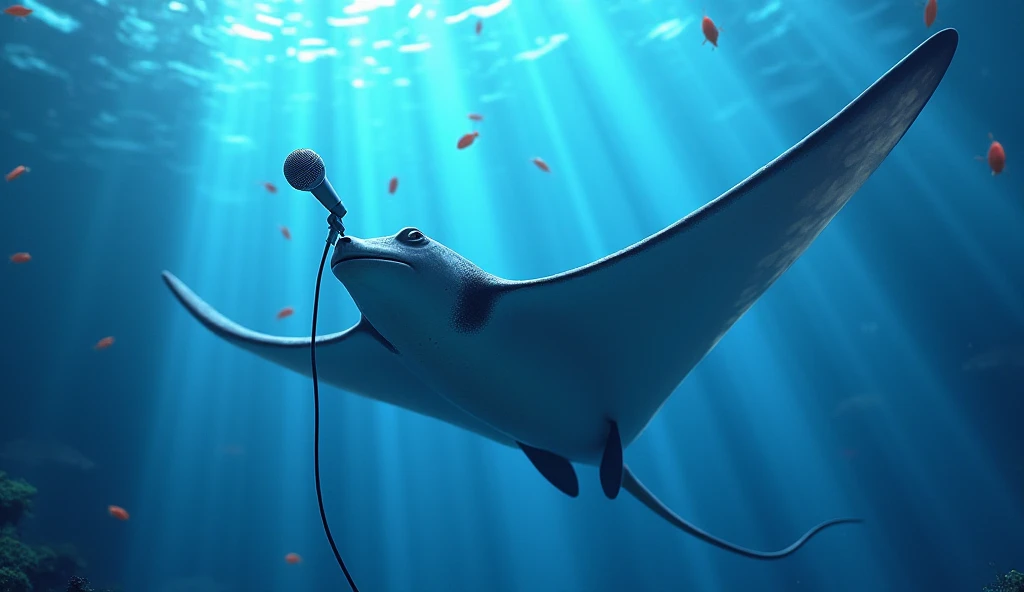 Generate an image of a manta ray singing with a microphone 