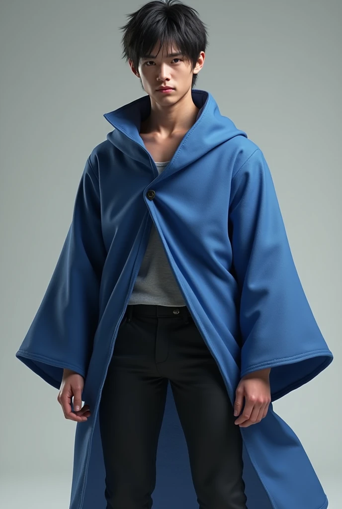 Realistic full body model human with , young face ,jin kazama, oversize blue cloth,black long pants, highly detailed , 4k ,volumeric lightning, softlight