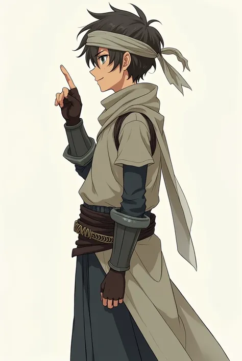 Anime boy in a minimalist cheap armor, ancient bandage on his head. finger raised up, sly smile. Stands straight. Eyes look to the left. Make a full-length portrait