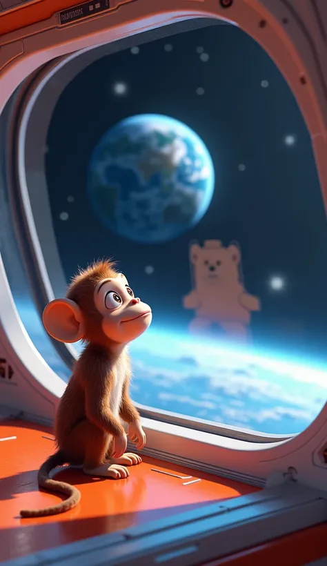 Pixar-style cartoon monkey image looking at planet Earth from space from inside a spaceship