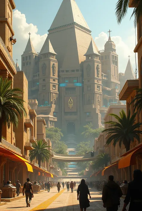  city as inspired by ancient Egypt with a mix of futuristic technology,  with 17th century vehicles and medium-sized buildings ,  the streets are futuristic and terrestrial ,  the autopsies that are terrestrial and above the ground , with an oasis in the c...