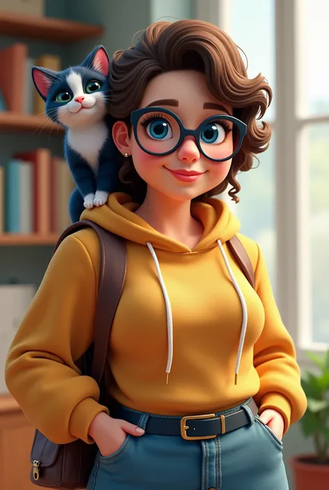 Portrait of a fat woman, glasses, blue eyes, Brown curly short hair,3d cartoon character, tuxedo cat , hoodie, jeans, books