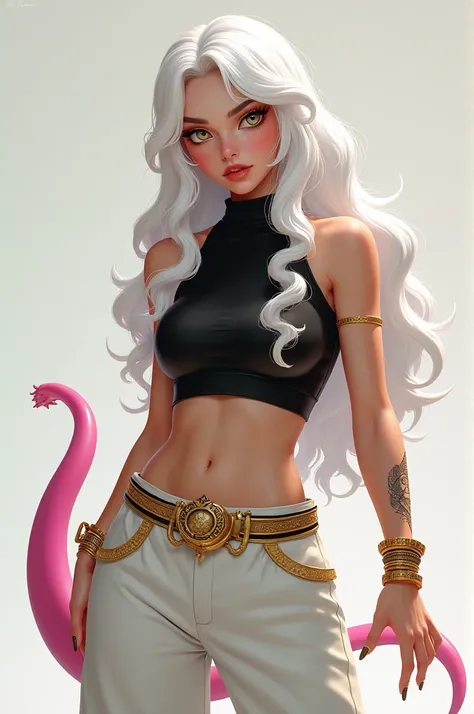  She has long, white hair with a voluminous texture and wavy tips . Her skin is rosy ,  and her eyes have a vibrant color that matches her intense look .  She is wearing a fitted black top that exposes your toned belly and musculature Well defined.  Her pa...