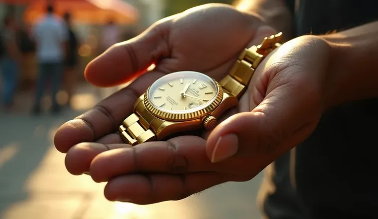 A close-up of Miguel’s small, dirt-streaked hands holding Ricardo Salvaterra’s golden Rolex. The youthful slenderness of his fingers contrasts with the smooth, polished surface of the luxurious watch, which gleams in the warm afternoon light. His grip is t...