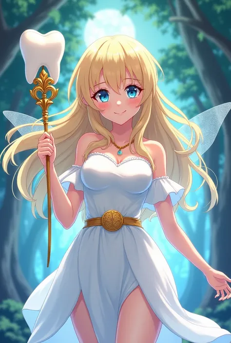 Anime The Tooth Fairy She Wears a Tooth Necklace with a White Dress with Belt Where a Tooth Is Inside She Has Blonde Hair and Blue Eyes She Holds a Big Died in Her Hand with Golden Tooth on Top