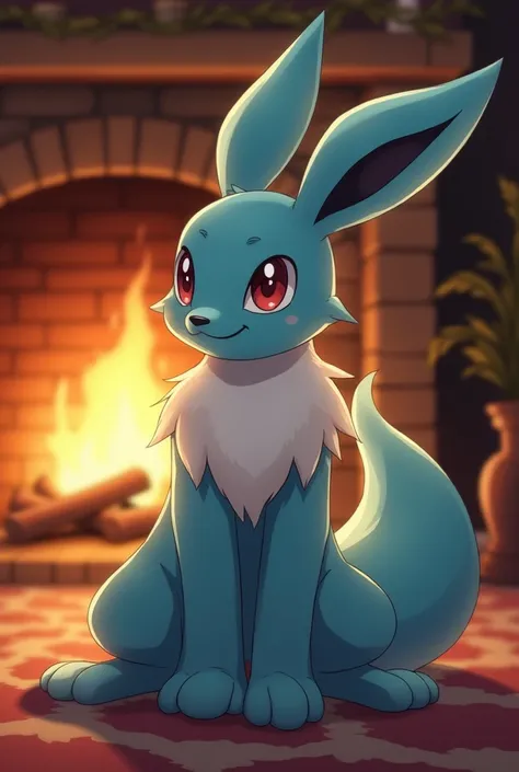 Furry male glaceon, anal from Lucario, doggystyle, on the floor in front of a fireplace