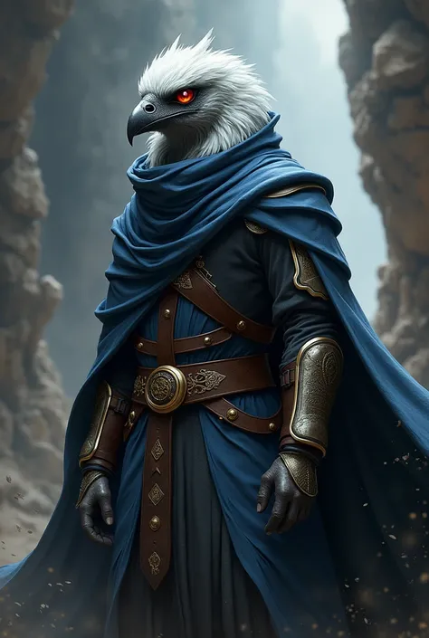  Create a kenku from the board game Dangers and Dragon 5e, from the rogue class ,  with silver feathers with Crystal red eyes , a mix of cloak with leather  