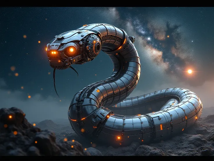 An exquise original gigantic robotic snake. full character. surrounding the Miky Way galaxy. 