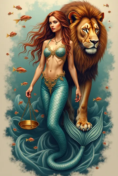 Make a tattoo of a mermaid holding a lion in her left hand and holding a scale in her right hand 