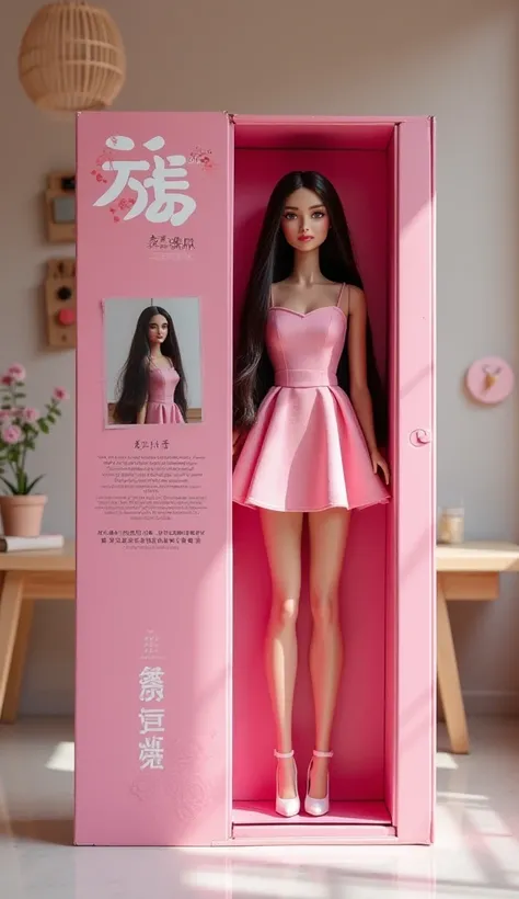 Photo of a large Barbie box with a large plastic panel labeled with the name "fujian" and a tiktok logo and a photo of the girl. Inside the box is a woman, beautiful, long hair, a human, she is wearing a pink dress and high heels. The background is decorat...