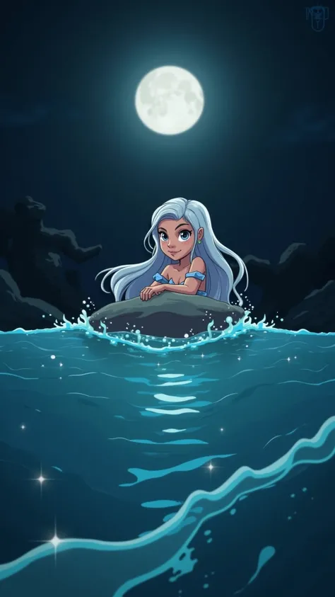 Scene 2: Lyra Hearing Leo’s SongPrompt: A beautiful mermaid, Lyra, with long, flowing silver hair and iridescent scales, emerges from the ocean, hidden behind a large rock. Her eyes are wide with wonder as she listens to the song carried by the wind. The m...