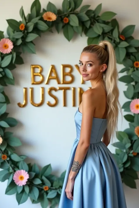  A blonde girl with a beautiful tall ponytail ,  in her hand on her wrist has a tattoo that says ERES MIA in Latin Spanish ,   wearing a beautiful blue satin dress with white boots the girl is in The decoration shows a sophisticated setting for a baby show...