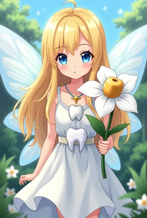   Anime The Tooth Fairy She wears a tooth necklace with a white dress with a belt, In which there is a tooth .  She has blond hair and blue eyes . She holds a big flower in her hand with a golden tooth on it .