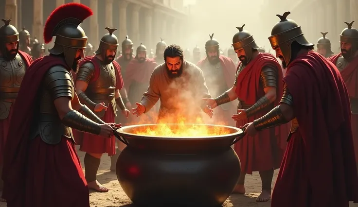 "Roman soldiers in battle armor stand in a circle around a cauldron of boiling oil. The apostle John is shown being pushed into the cauldron, with a powerful and intense expression."


