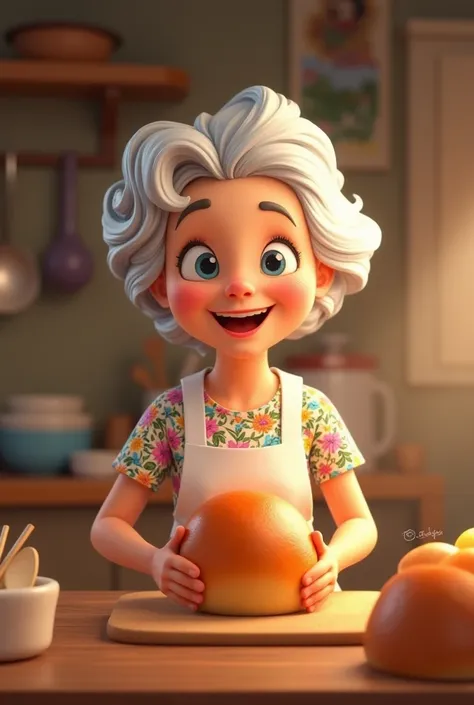 Generate a 1920x1080 preview. A cartoon grandmother in a beautiful dress and apron takes out of the oven a hot, rosy bun, round like a ball