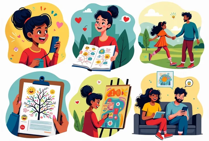 A vibrant and playful cartoon-style illustration divided into six panels, each representing a creative alternative to traditional journaling:

A cheerful character speaking into a phone, recording voice notes with a confident expression, as if hosting a po...