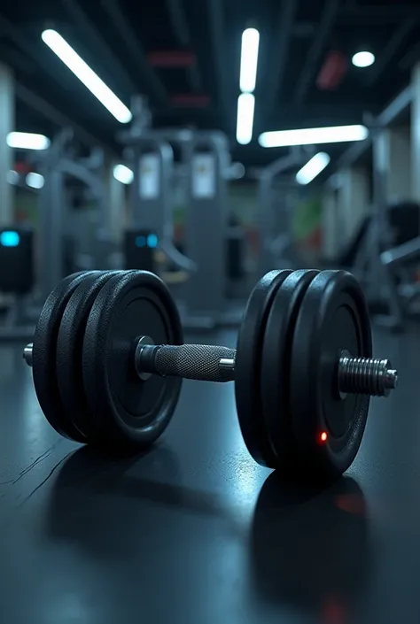 A classic dumbbell with lights in the gym with sports machines 