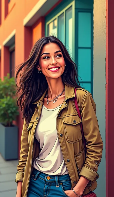 DISCREET image. with discreet casual clothes. image adult woman, american, comic book style. SHE IS HAPPY AND GRATEFUL, with a discreet smile. IMAGES WITH VIBRANT COLORS. with Colorful background