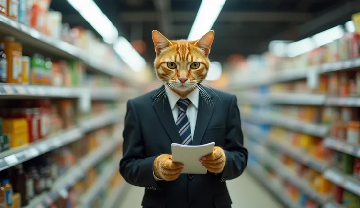 (Documentary style:1.3) photo of a striped orange street cat, with human hands and paws, wearing a casual business suit, shopping for groceries while checking a list, upper body framing, in a well-lit supermarket aisle, under fluorescent lighting, shot at ...