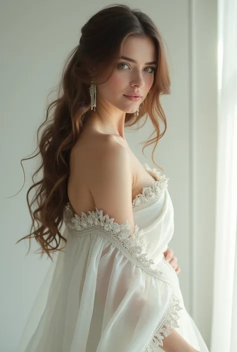  Slavic woman in a white silk robe and a white royal dress and loose wavy hair