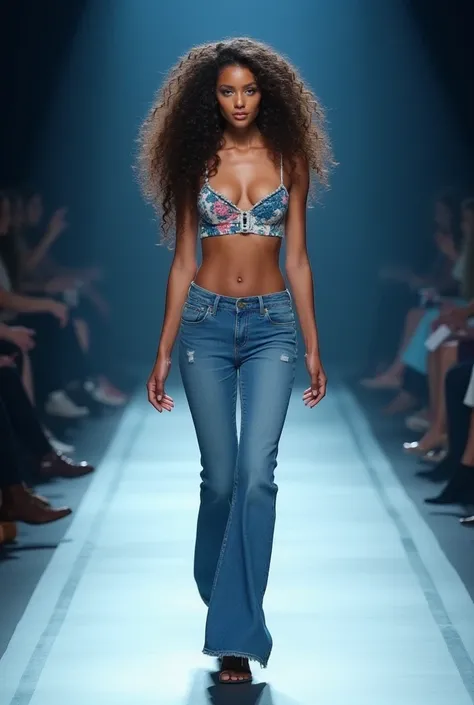 A beautiful women with blue eyes and curly hair and with 5.9 feet hight with medium figure and wearing a crop top and jeans pant doing ramp walk