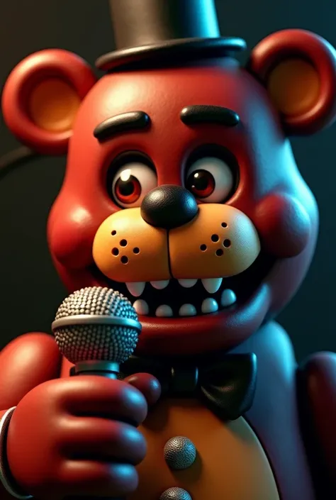 a close up of a toy bear with a microphone in its hand, a raytraced image inspired by Alfred Freddy Krupa, reddit, furry art, freddy fazbear, fnaf, animatronic, freddy fazbears pizzeria, commission of freddy fazbear, animatronics, five nights at freddys, p...