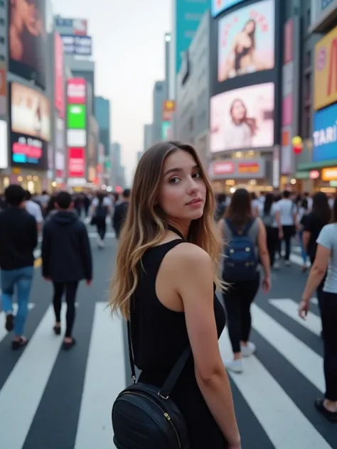 This image depicts a bustling street scene, likely taken at the famous Shibuya Crossing in Tokyo, Japan. In the foreground, a young woman is captured turning around mid-walk to glance back at the camera, her expression poised and casual. She has long, ligh...