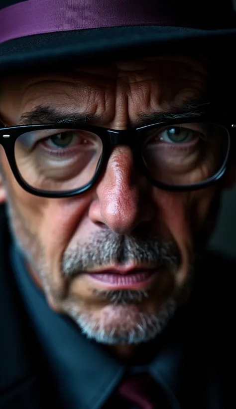 imagine Close-up portrait of a man with an unknown age, wearing dark glasses reflecting a faint light, a black and purple fedora casting a shadow on his face, serious expression, detailed face, dark and moody lighting.