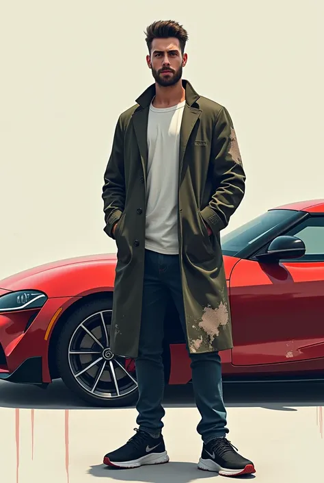 A 24 year old boy stood in tha paint coat and tay with beard and head black hair style ever back supra car