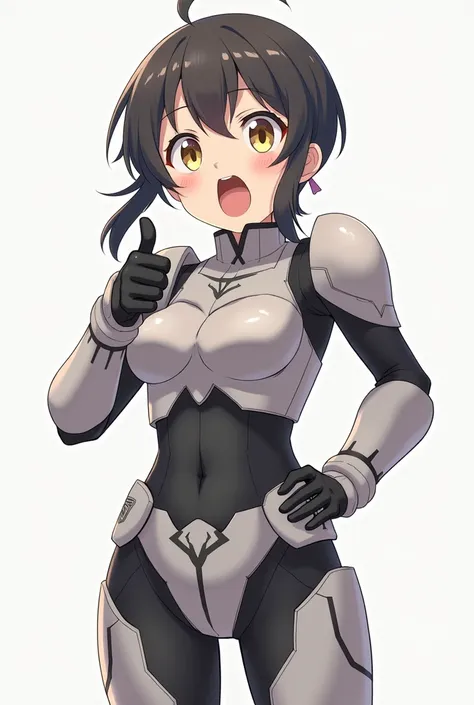 Anime girl in minimalist cheap armor. thumb up. surprised look. VERY surprised look. Eyes bulging. Eyes bulging. Make a full-length portrait