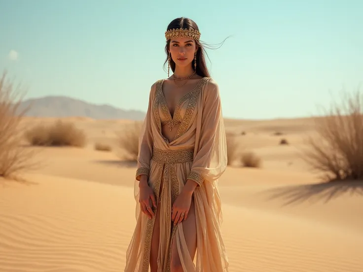 Image of an immobil ,  Arabian dancer in front of the camera,  in the desert, full and slim body 