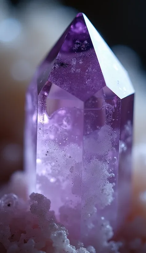 The image features a close-up view of a crystal, highlighting its intricate details and shimmering surface. This gemstone appears to be quartz with a beautiful purple hue, showcasing its glittering facets. The overall focus on the crystal emphasizes its na...