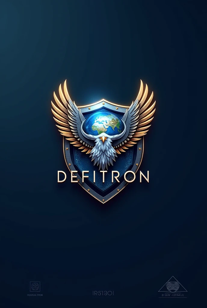 A professional logo design for an organization named DEFITRON with a futuristic and patriotic theme. The logo should include a shield symbolizing defense, a eagle & globe representing global outreach, and a highlight advanced technology. The design should ...