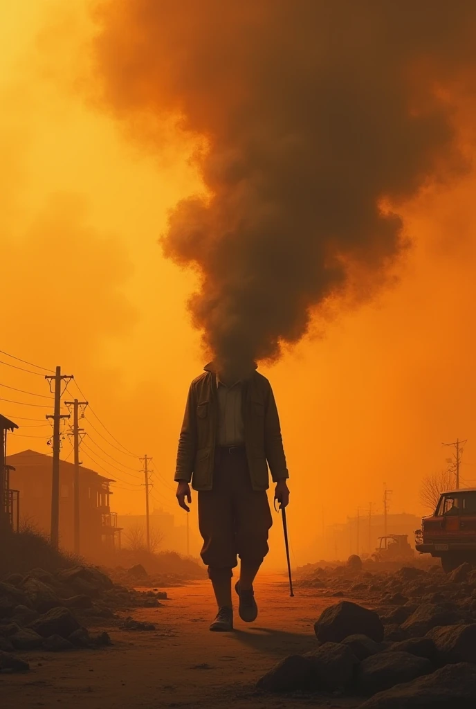 Nostalgic apocalypse with orange colors representing fire and an old man smoking but instead of a head smoke comes out and is in the distance representing sadness and loneliness 