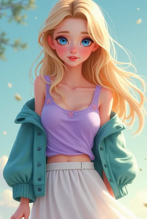 Long blonde haired teenager with light blue eyes wearing a cute light purple top with a white skirt and a light teal jacked