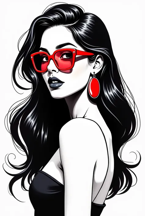 A quirky and unique style portrait of a woman with a digital illustration in black, white and red. The background should be white and the woman should be drawn with clean, tight lines in black. The woman should wear thick, red glasses, a dress and large ho...