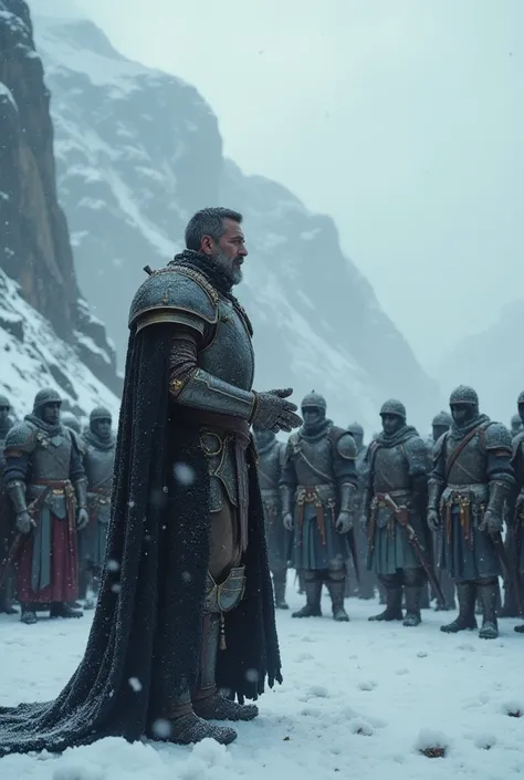 A commander knight in a dark fantasy theme gives a speech to the guards in silence under heavy snowfall 