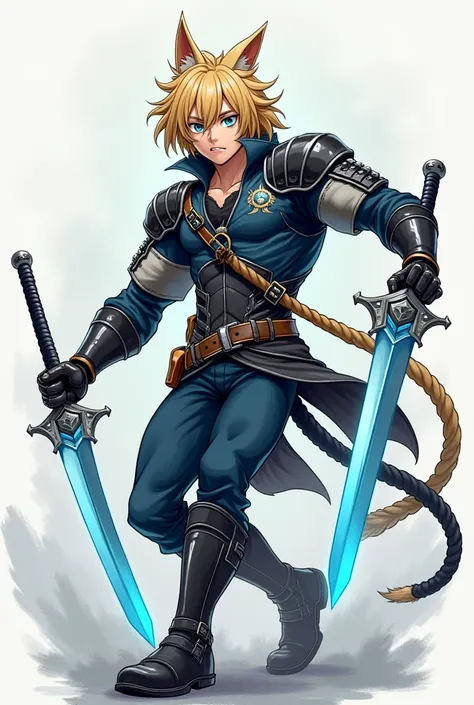 Manga figure a man with cat ears a cat tail two swords with blue eyes Blonde hair in assassin armor